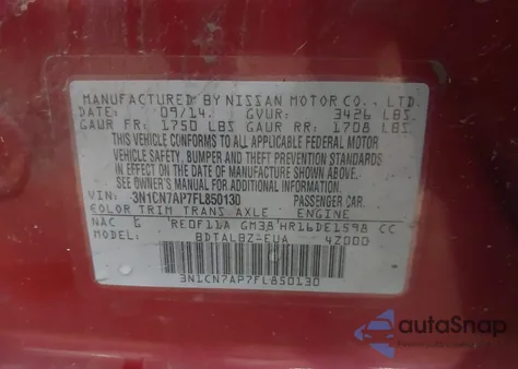 2015 Nissan Versa S/S Plus/Sv/Sl from USA, damaged, VIN 3N1CN7AP7FL850130